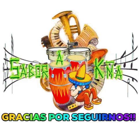 a cartoon of a man playing drums with the words gracias por seguirnos written below him