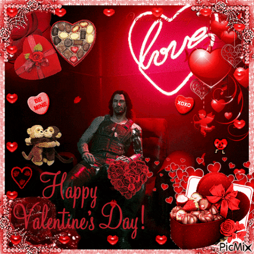 a happy valentine 's day greeting card with a man in a chair