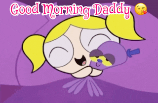 bubbles from the powerpuff girls is sleeping on a pillow with the words good morning daddy above her
