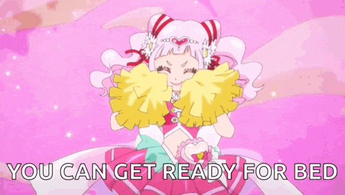 a girl in a pink dress is holding cheerleaders and says `` you can get ready for bed ''