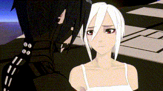 a black and white anime character with red eyes