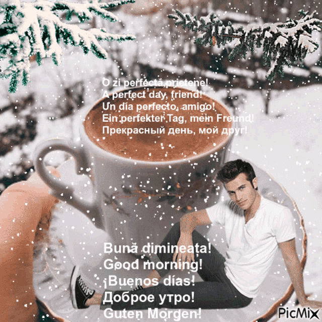 a picture of a man sitting on a plate with a cup of coffee on it