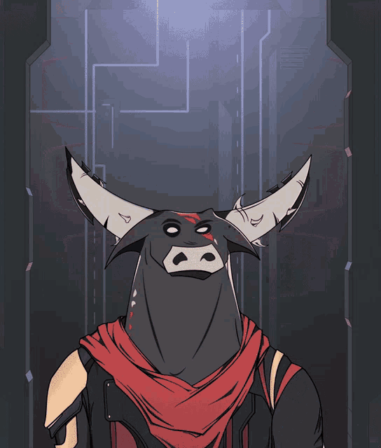 a cartoon drawing of a bull wearing a red scarf around its neck