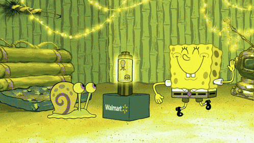 a cartoon of spongebob and gary standing next to a walmart box