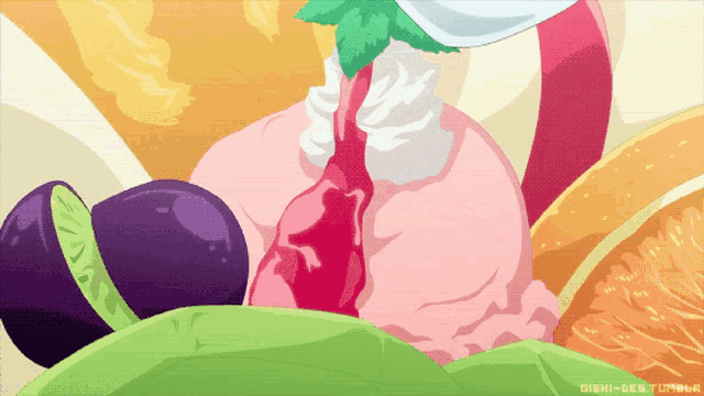 a cartoon drawing of a scoop of ice cream surrounded by fruit and says dish-des.tumblr