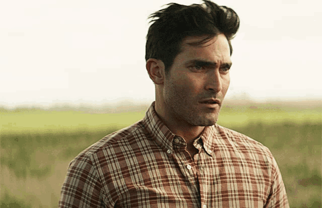 a man in a plaid shirt stands in front of a field