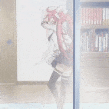 a girl with long pink hair is standing in front of a glass door .
