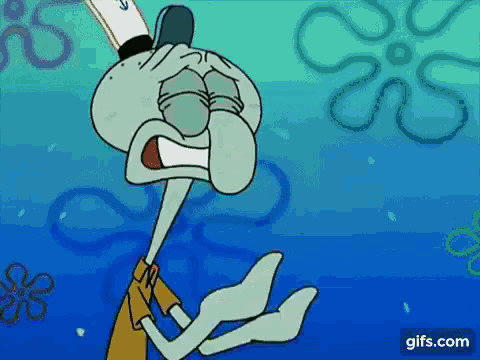 squidward from spongebob squarepants is kneeling down in the water and crying .