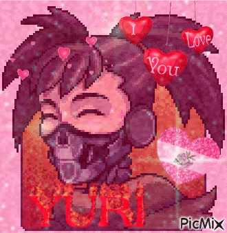 a pixel art of a girl with hearts that say i love you and yuri