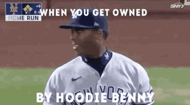 a man in a new york yankees jersey says when you get owned by hoodie benny