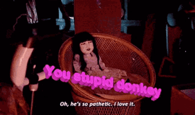 a doll in a wicker chair with the words you stupid donkey