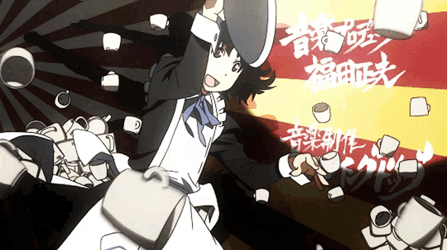 a girl in a white apron is surrounded by a bunch of cups