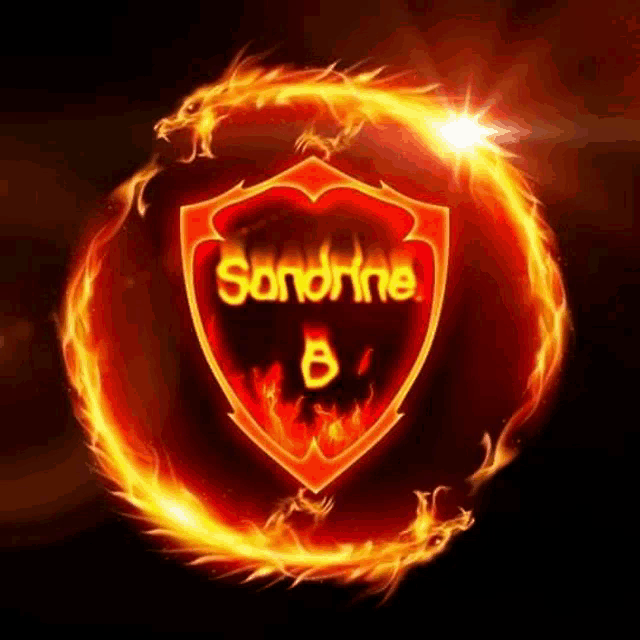 a shield with the name sandrine on it is surrounded by flames