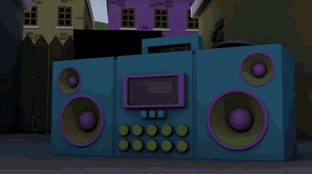a cartoon scene with a purple trash can and a blue box with a screen that says ' n ' on it