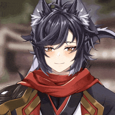 a close up of a anime character with a scarf around his neck