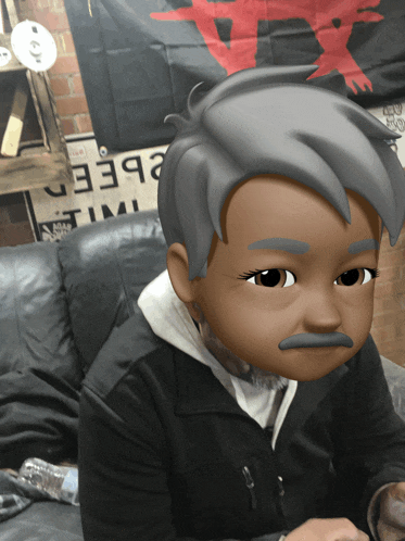 a cartoon character with a mustache is sitting in front of a sign that says time