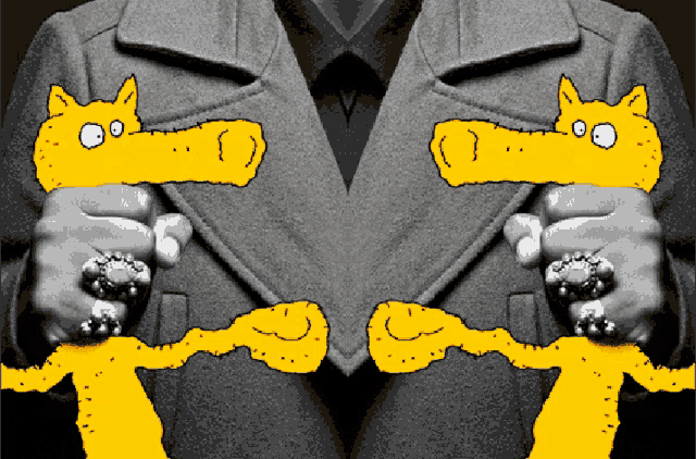 a black and white photo of a person 's hands with yellow cartoon characters on them