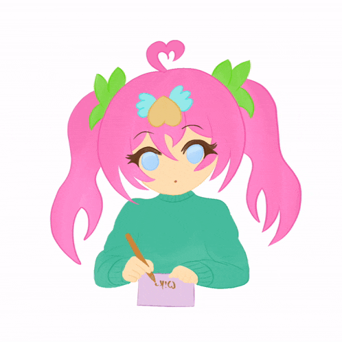 a drawing of a girl with pink hair holding a pen