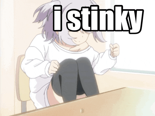 a picture of a girl with the words i stinky written above her