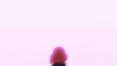 a girl with red hair is standing in front of a purple light