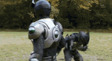 a robot is fighting another robot in a field with trees in the background