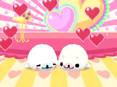 a pixel art drawing of two seals with hearts surrounding them