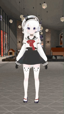 a girl in a sailor outfit is standing in a room with a dog house in the background
