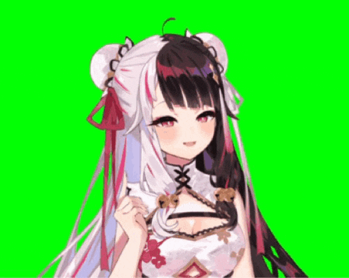 a girl with long hair and red eyes is standing in front of a green screen .