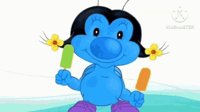 a blue cartoon character is holding two popsicles and smiling .