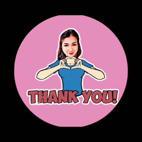 a cartoon of a woman making a heart with her hands and the words thank you below her