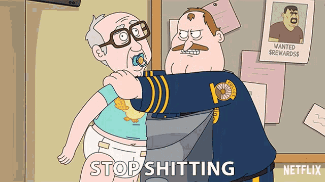 a cartoon of a police officer holding a baby with the words stop shitting written on the bottom