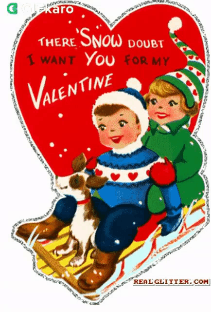 a valentine 's day card with two children sledding down a snowy hill