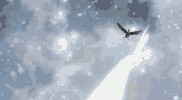 a bird is flying through a cloudy sky with a light behind it