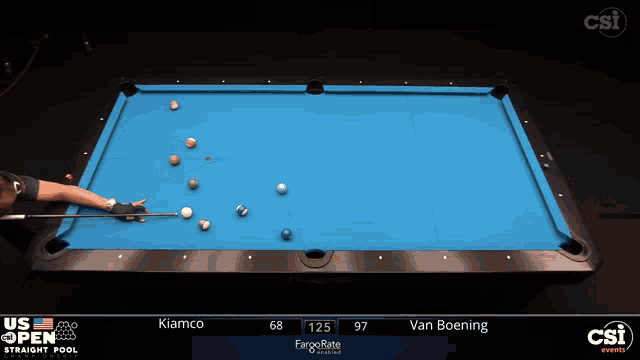 a pool table with a scoreboard that says van boening at the bottom