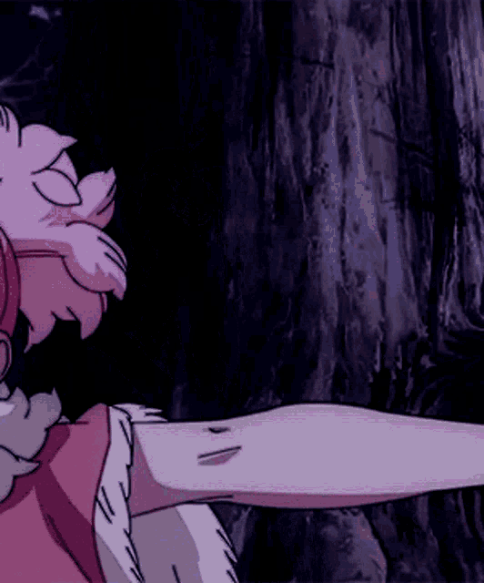 a cartoon character with pink hair is standing in front of a tree trunk