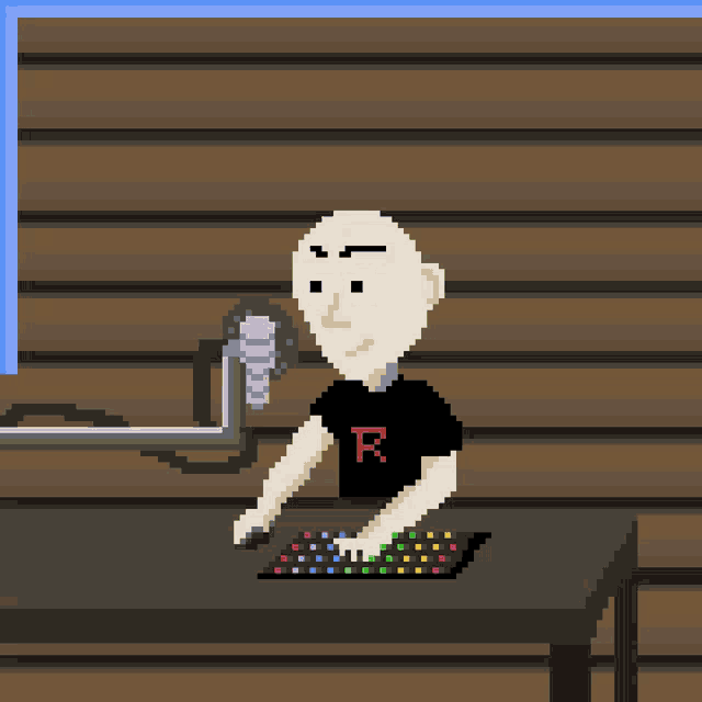 a pixel art drawing of a man with the letter r on his t-shirt