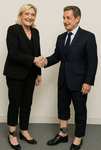 a man and a woman are shaking hands and the woman has a bracelet on her foot