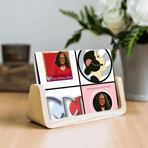 a business card holder with a picture of vera thomas shou