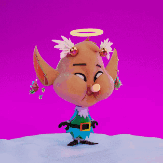 a cartoon elf with bells on his ears and a halo around his head