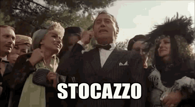 a man in a suit and bow tie is standing in front of a crowd of people and says stocazzo .