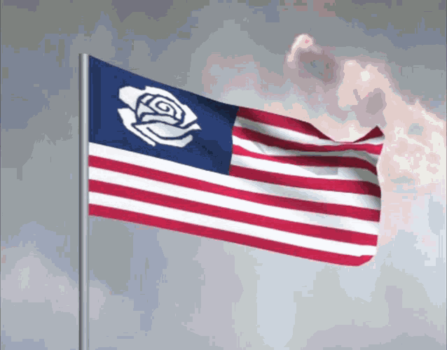 a flag with a rose on it is flying in the wind