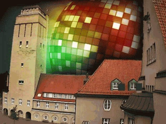 a collage of buildings and a disco ball with a tower in the background