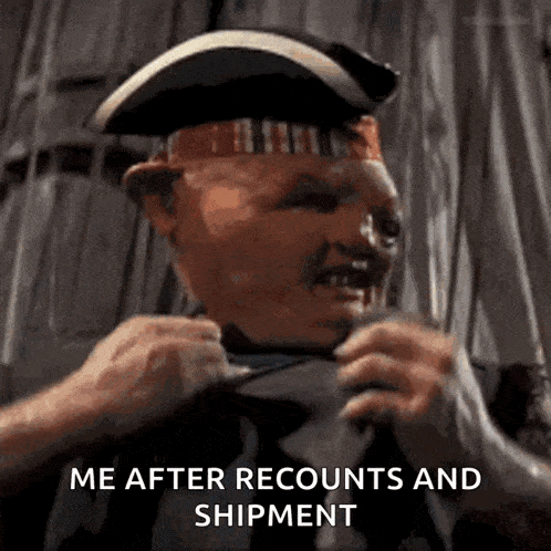 a man wearing a pirate hat and tie says " me after recounts and shipment "