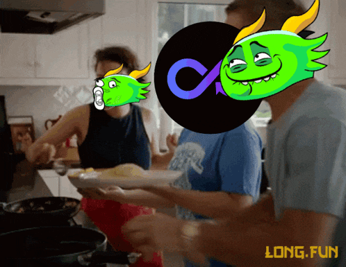 a group of people cooking in a kitchen with a long fun logo on the bottom
