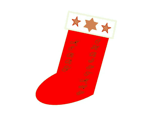 a red christmas stocking with three green stars on the top