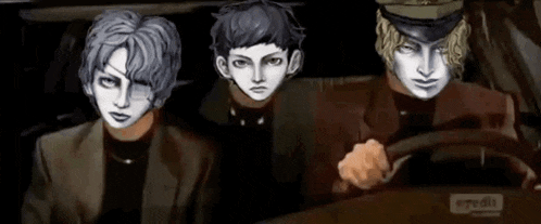 three men are sitting in a car with their faces painted on their faces .