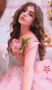 a girl in a pink dress with the words beautiful melissa written on the bottom