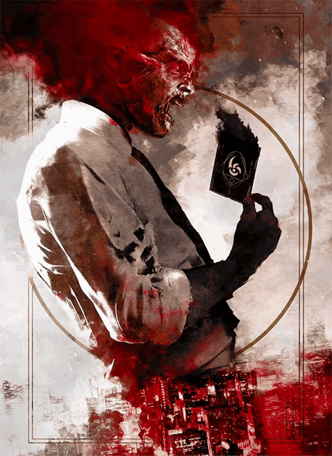 a painting of a man in a suit holding a card with a s on it