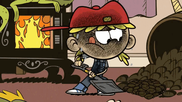 a cartoon character is holding a shovel in front of a fire place