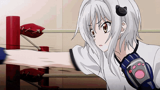 a girl in a boxing ring with a cat ear